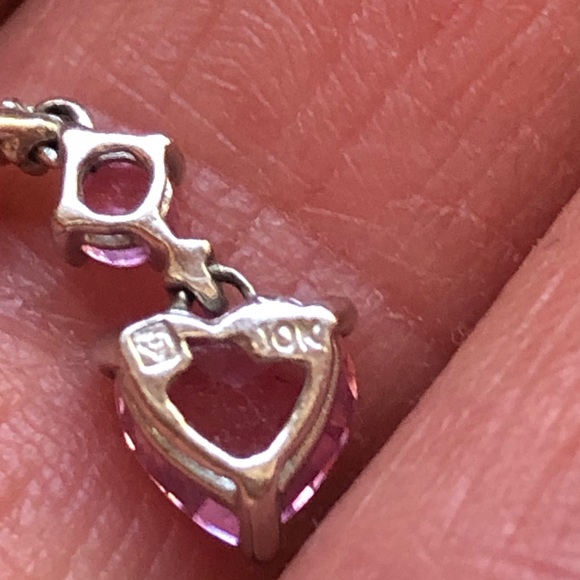 Pink Sapphire Triple Stone Heart Drop Pendant 10K - Picture 8 of 11